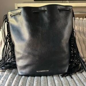 Victorias Secret Black Fringe Bucket Bag Drawstring Crossbody Vegan Leather Boho